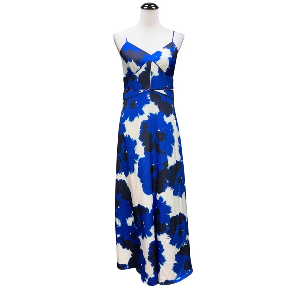 Banana Republic Maxi Dress Women 4 Blue Abstract Floral V-Neck Spaghetti Straps